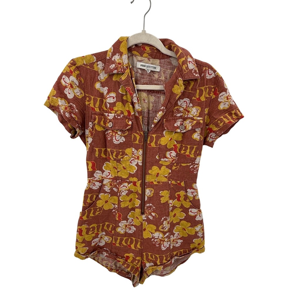 Urban Outfitters Linen Aloha Tropical Hibiscus Zip Front Romper Rust Orange S